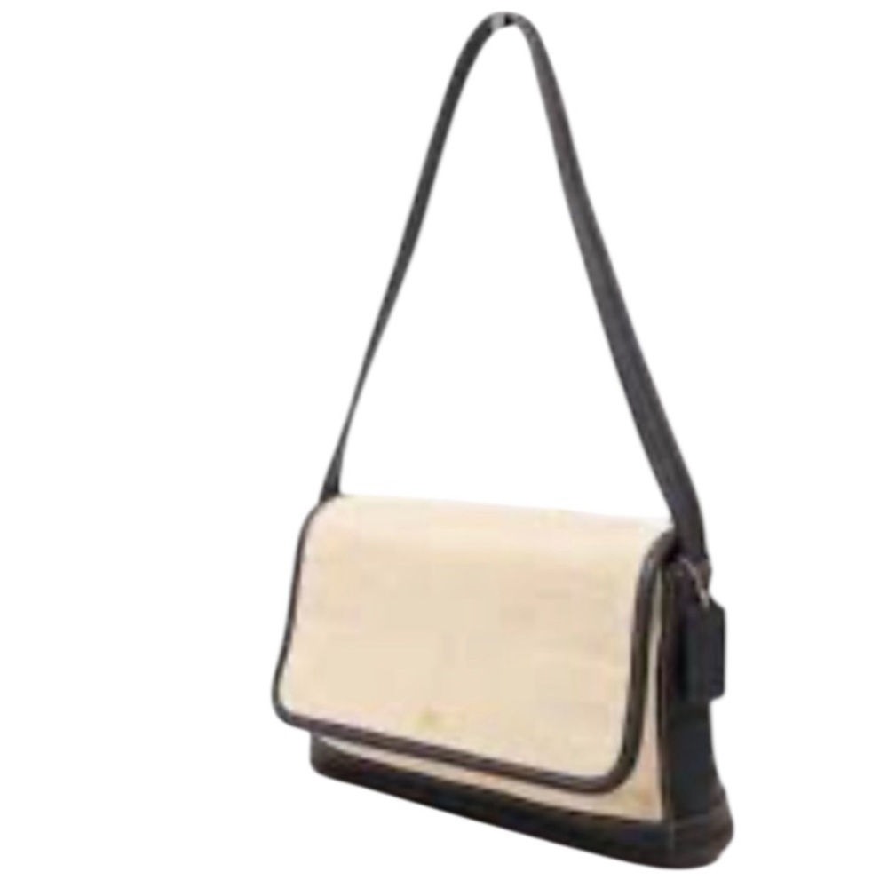 Vintage 90’s Coach Bleeker Flap Handbag Deep Navy Blue Leather & Wheat Canvas - Picture 4 of 16